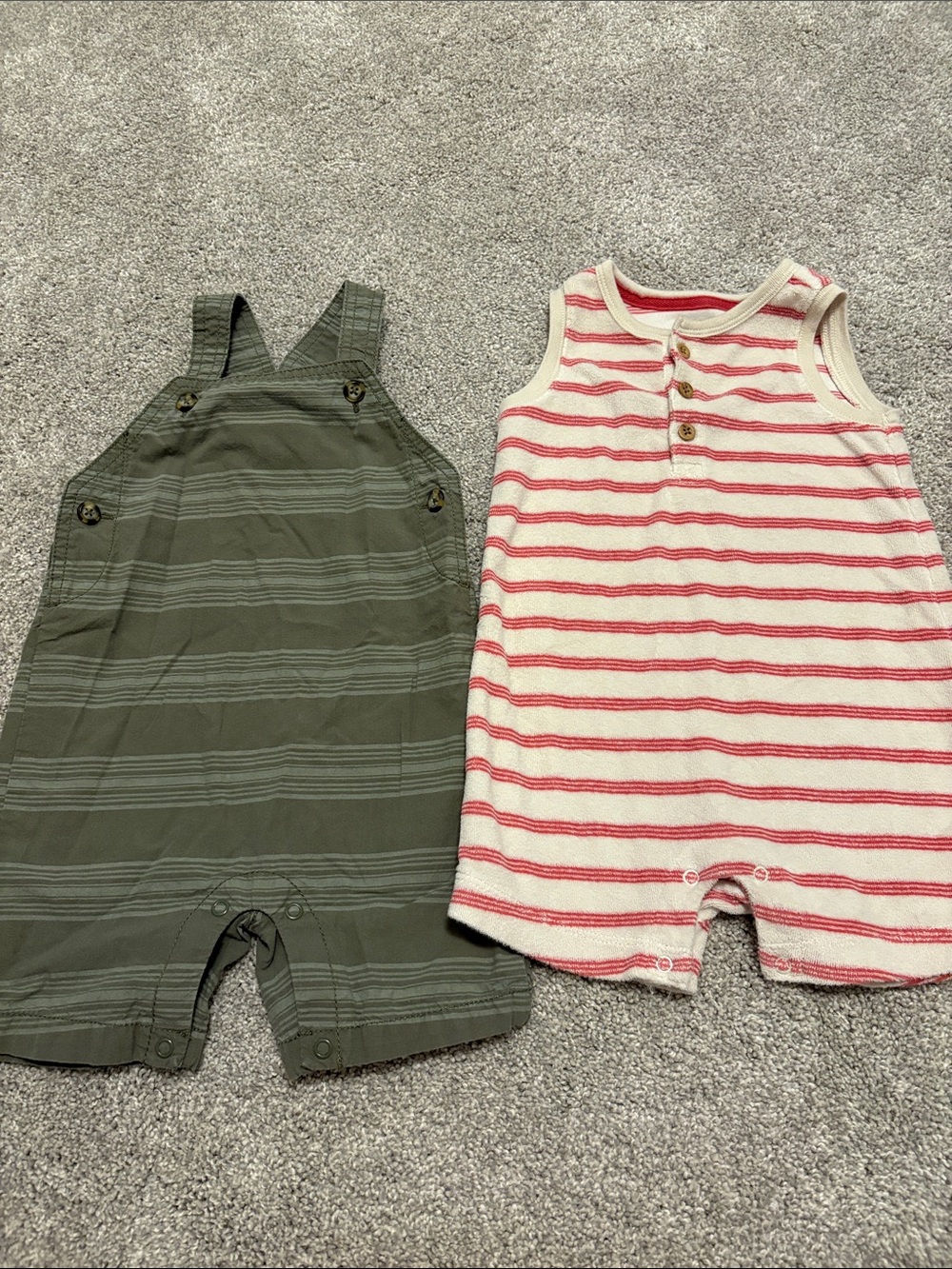 Carters baby boy Green Striped Overalls & Striped terry cloth romper lot 18 mon